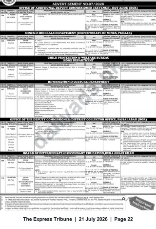 Newspaper clipping: Advertisement No.07/2026 — Multiple Contract Vacancies (Punjab Departments), The Express Tribune, 21 Jul 2026