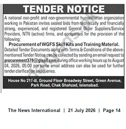 Newspaper clipping: Tender: Procurement of WGFS Skill Kits and Training Material — Islamabad, The News International, 21 Jul 2026