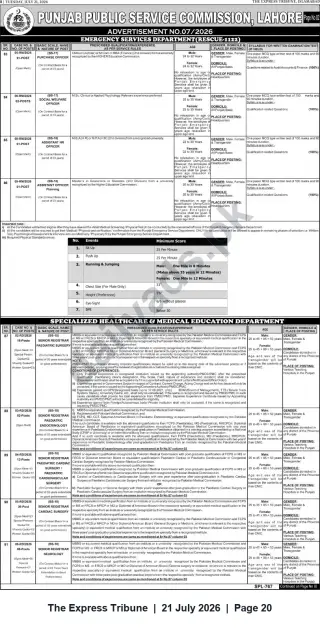Newspaper clipping: PPSC Advertisement No.07/2026 — Jobs in Emergency Services (Rescue-1122) & Specialized Healthcare Departments, The Express Tribune, 21 Jul 2026