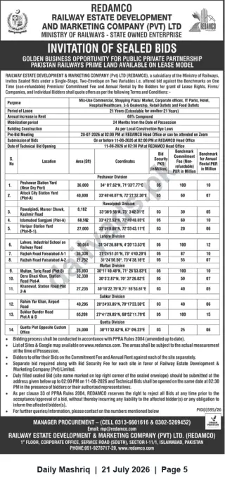 Newspaper clipping: REDAMCO Invitation for Sealed Bids — Lease of 14 Railway Land Sites (Public-Private Partnership), Daily Mashriq, 21 Jul 2026