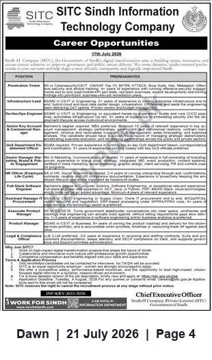 Newspaper clipping: SITC (Sindh Information Technology Company) — Multiple Technology & Management Vacancies, Dawn, 21 Jul 2026