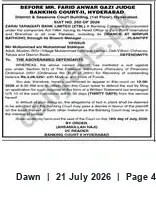 Newspaper clipping: Banking Court, Hyderabad — Before Mr. Farid Anwar Gazi, Judge, Dawn, 21 Jul 2026