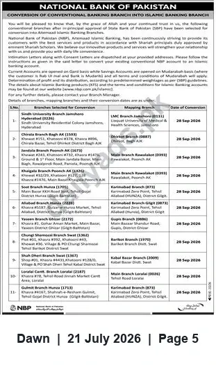 Newspaper clipping: National Bank of Pakistan to Convert Selected Conventional Branches to Atemaad Islamic Banking, Dawn, 21 Jul 2026