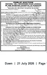Newspaper clipping: Public Auction by Banking Court-II, Karachi, Dawn, 21 Jul 2026