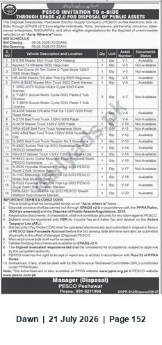 Newspaper clipping: PESCO Invitation to e-Bids for Disposal of Public Assets via EPADS v2.0, Dawn, 21 Jul 2026