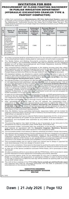Newspaper clipping: Tender: Procurement of Flood-Fighting Machinery (Hydraulic Excavators & Padfoot Compactor) — Punjab Irrigation Department, Dawn, 21 Jul 2026