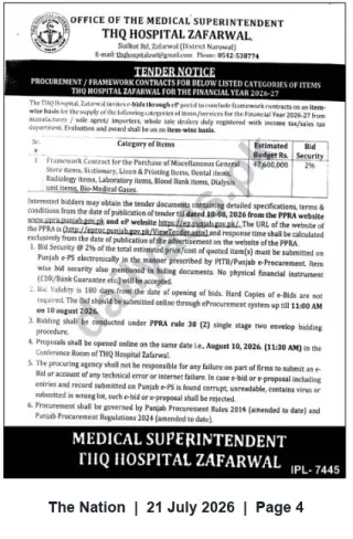 Newspaper clipping: Tender: Framework Contracts for Medical Supplies — THQ Hospital Zafarwal (FY 2026-27), The Nation, 21 Jul 2026
