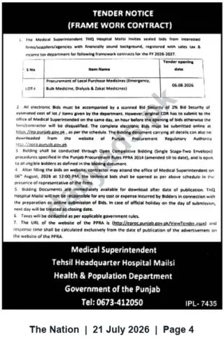 Newspaper clipping: Tender: Framework Contract for Procurement of Local Medicines — THQ Hospital Mailsi, The Nation, 21 Jul 2026