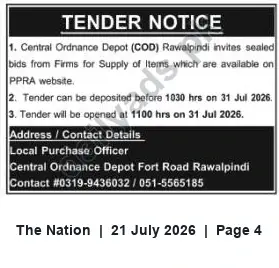 Newspaper clipping: Tender: Supply of Items — Central Ordnance Depot (COD) Rawalpindi — Closing 31 July 2026, The Nation, 21 Jul 2026