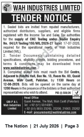 Newspaper clipping: Wah Industries Limited Tender: Supply of CNC Tooling (Tender Enquiry No. 04/LP/Tooling/155/WIL/2026-27), The Nation, 21 Jul 2026