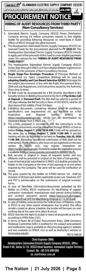Newspaper clipping: IESCO Procurement: Hiring of Audit Resources from Third Party (Non-Consultancy Services), The Nation, 21 Jul 2026