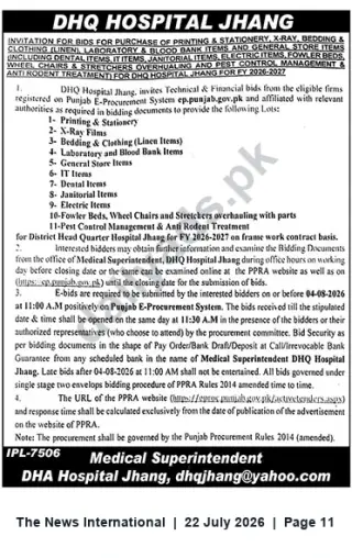 Newspaper clipping: Tender: Medical Supplies & Services for DHQ Hospital Jhang – Bids Due 2026-08-04, The News International, 22 Jul 2026