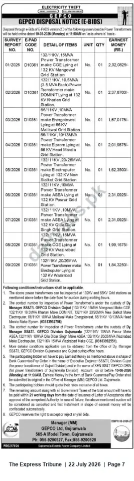 Newspaper clipping: GEPCO Disposal Notice (E-Bids) — Sale of Unserviceable Power Transformers (10 Aug 2026), The Express Tribune, 22 Jul 2026
