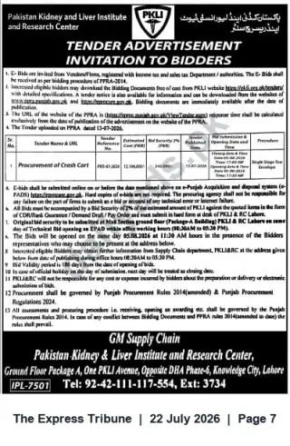 Newspaper clipping: PKLI Tender: Procurement of Crash Cart (E-Bids Invited), The Express Tribune, 22 Jul 2026