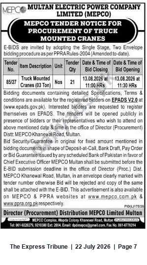 Newspaper clipping: MEPCO Tender for Supply of 21 Truck-Mounted Cranes (3 Ton) — Bid Closing 2026-08-13, The Express Tribune, 22 Jul 2026