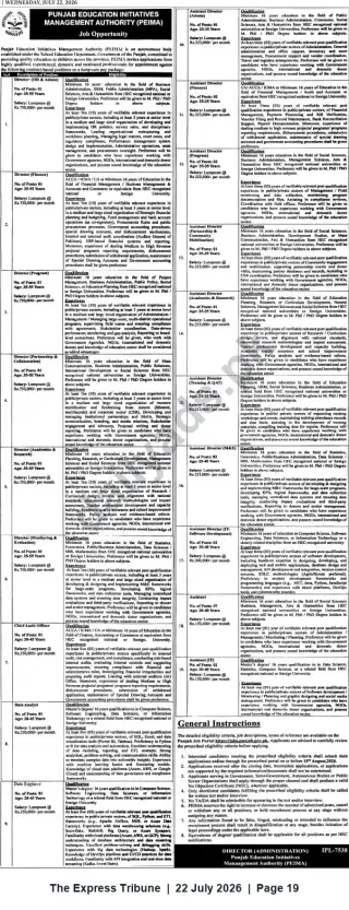 Newspaper clipping: PEIMA (Punjab) Contract Vacancies — Multiple Senior & Mid-Level Positions, The Express Tribune, 22 Jul 2026