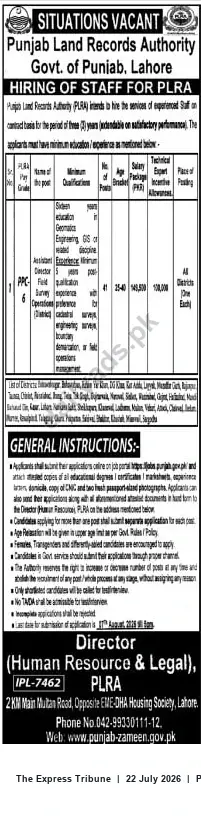 Newspaper clipping: Punjab Land Records Authority (PLRA) Hiring — Assistant Director Field Survey (District), The Express Tribune, 22 Jul 2026