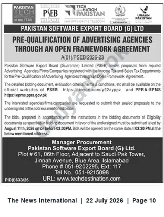 Newspaper clipping: PSEB Pre-Qualification: Advertising Agencies for Open Framework Agreement, The News International, 22 Jul 2026
