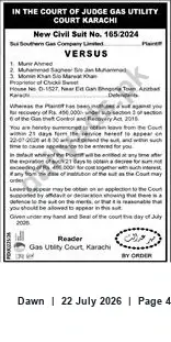 Newspaper clipping: Summons in New Civil Suit No. 165/2024 — Munir Ahmed v. Proprietor (Karachi), Dawn, 22 Jul 2026