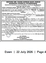 Newspaper clipping: Banking Court Notice — Judge Farid Anwar Gazi, Hyderabad, Dawn, 22 Jul 2026