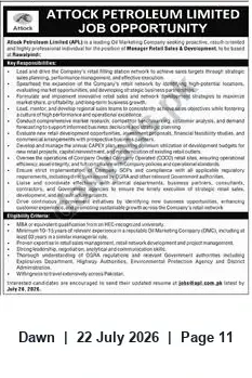 Newspaper clipping: Attock Petroleum Limited — Lead, Retail Station Network, Dawn, 22 Jul 2026