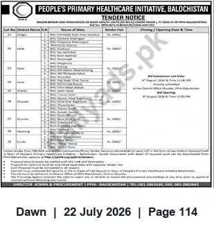 Newspaper clipping: PPHI Balochistan Tender Notice, Dawn, 22 Jul 2026