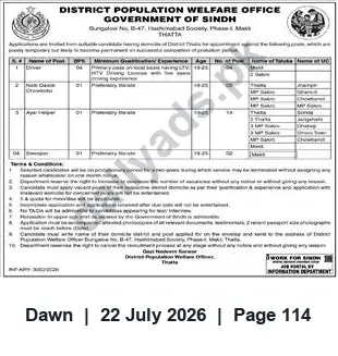 Newspaper clipping: District Population Welfare Office Thatta — Candidate Domicile Instruction, Dawn, 22 Jul 2026
