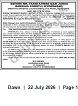 Newspaper clipping: Hearing Notice: Banking Court I, Hyderabad before Mr. Farid Anwar Qazi, Dawn, 22 Jul 2026