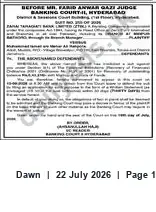 Newspaper clipping: Banking Court Matter Before Judge Farid Anwar Qazi, Hyderabad, Dawn, 22 Jul 2026