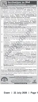 Newspaper clipping: Invitation to Bid: Remodeling of Executive Office Space at COMSATS University Islamabad (CEPS-36855), Dawn, 22 Jul 2026