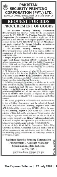 Newspaper clipping: PSPC Request for Bids — Procurement of Goods (National Competitive Bidding), The Express Tribune, 22 Jul 2026