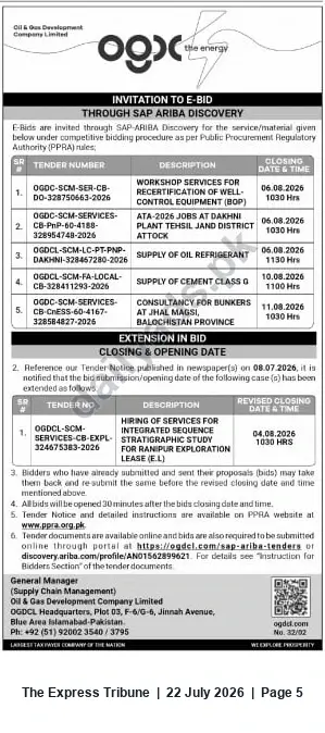 Newspaper clipping: OGDCL Invitation to e-Bid via SAP Ariba — Multiple Service & Supply Tenders (Closing 06–11 Aug 2026), The Express Tribune, 22 Jul 2026