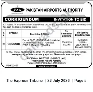 Newspaper clipping: PAA Corrigendum: Bid HOPAA/198236270LN — Procurement of 06 UPS 30KVA with Installation, The Express Tribune, 22 Jul 2026
