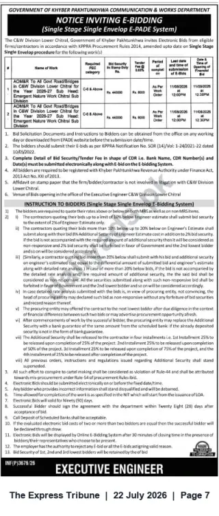 Newspaper clipping: Khyber Pakhtunkhwa C&W Division Lower Chitral — E-Bidding Notice for AOM&R Road & Bridge Works, The Express Tribune, 22 Jul 2026