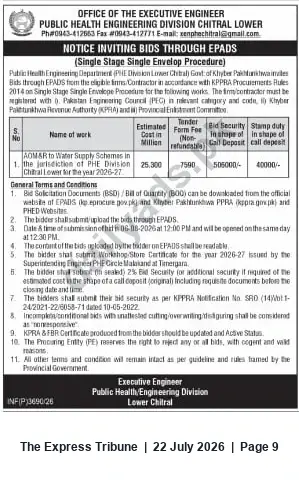 Newspaper clipping: Notice Inviting Bids for AOM&R of Water Supply Schemes — PHE Division Lower Chitral (2026-27), The Express Tribune, 22 Jul 2026