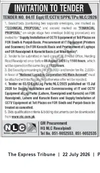 Newspaper clipping: NLC Tender No. 04/IT Eqpt/IT/CCTV/SPPK/TPs/NLC/2026 – Supply & Installation of CCTV and IT Equipment, The Express Tribune, 22 Jul 2026