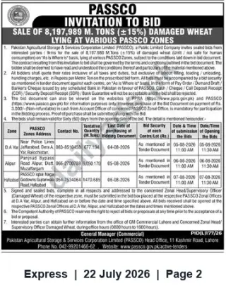 Newspaper clipping: PASSCO Invitation to Bid: Sale of 8,197.989 MT (+15%) Damaged Wheat (As Is Where Is), Express, 22 Jul 2026