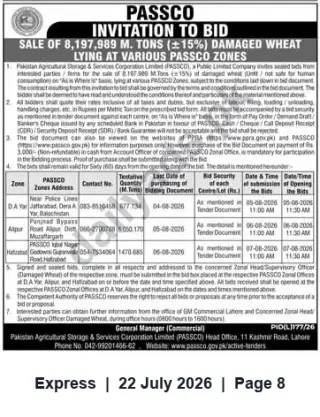 Newspaper clipping: PASSCO Invitation to Bid: Sale of Damaged Wheat (8,197,989 MT +15%), Express, 22 Jul 2026