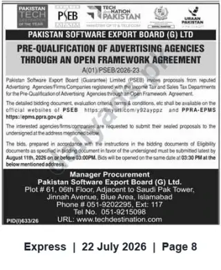 Newspaper clipping: PSEB Pre-Qualification: Advertising Agencies — Open Framework Agreement (A(01)/PSEB/2026-23), Express, 22 Jul 2026