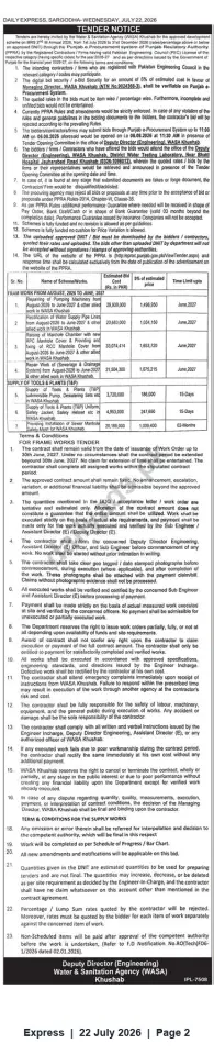 Newspaper clipping: WASA Khushab Tender Notice — Rehabilitation, Repair & Supply Works (Bids due 2026-08-06), Express, 22 Jul 2026
