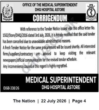 Newspaper clipping: Corrigendum: Tender Cancelled — DHQ Hospital Astore (Medical Superintendent), The Nation, 22 Jul 2026