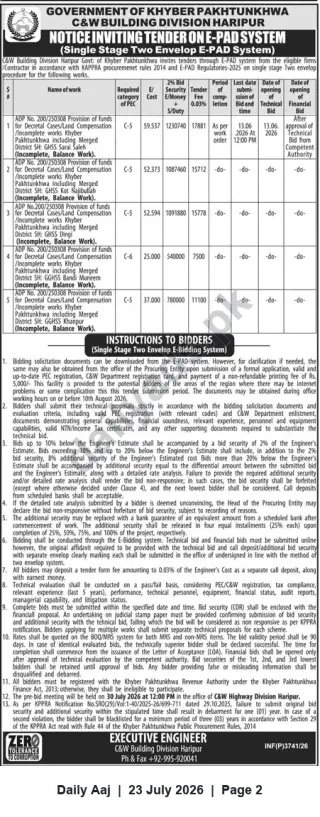 Newspaper clipping: C&W Building Division Haripur Invitation to Tender (Single-Stage Two-Envelope E-PAD System), Daily Aaj, 23 Jul 2026