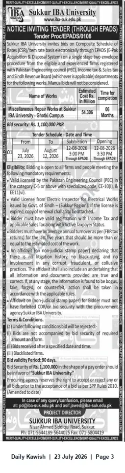 Newspaper clipping: Tender: Miscellaneous Repair Works at Sukkur IBA University – Ghotki Campus (EPADS), Daily Kawish, 23 Jul 2026