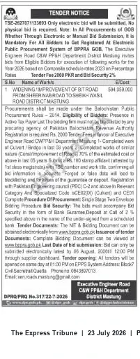 Newspaper clipping: Tender: Widening/Improvement of Bit Road from Sheerinabroad to Sheikh Wasil — District Mastung, The Express Tribune, 23 Jul 2026