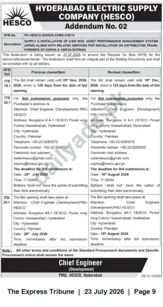 Newspaper clipping: HESCO Addendum No.02 – Supply & Installation of 8,600 APMS (RFB PK-HESCO-GOODS-APMS-ICB/10) – Bid Deadline 18 Aug 2026, The Express Tribune, 23 Jul 2026