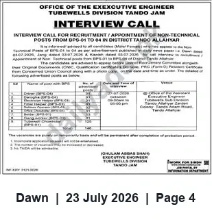 Newspaper clipping: Interview Call for Non-Technical Posts (BPS-01 to BPS-04) — Tubewells Division, Tando Jam, Dawn, 23 Jul 2026