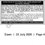 Newspaper clipping: Court Order by Senior Civil Judge Karachi East — Case C21-41 (Mali Ahmed), Dawn, 23 Jul 2026