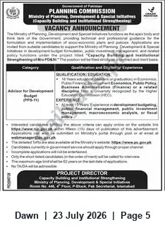 Newspaper clipping: Advisor for Development Budget (PPS-10) — Ministry of Planning, Development & Special Initiatives, Dawn, 23 Jul 2026