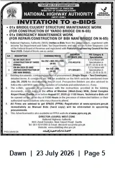 Newspaper clipping: NHA Invites E-Bids for Yardo and Bibi Nani Bridge Works on N-65, Dawn, 23 Jul 2026