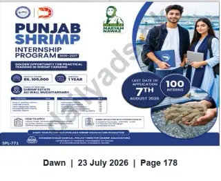 Newspaper clipping: Punjab Shrimp Internship Program 2026–2027 — 100 Interns, 1 Year Stipend, Dawn, 23 Jul 2026